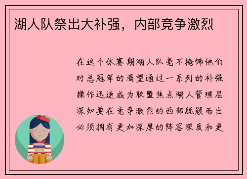 湖人队祭出大补强，内部竞争激烈