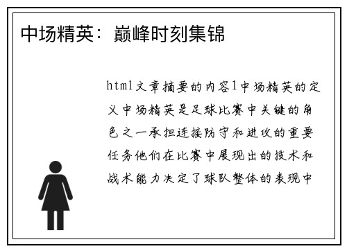 中场精英：巅峰时刻集锦