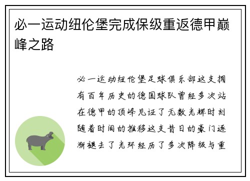 必一运动纽伦堡完成保级重返德甲巅峰之路